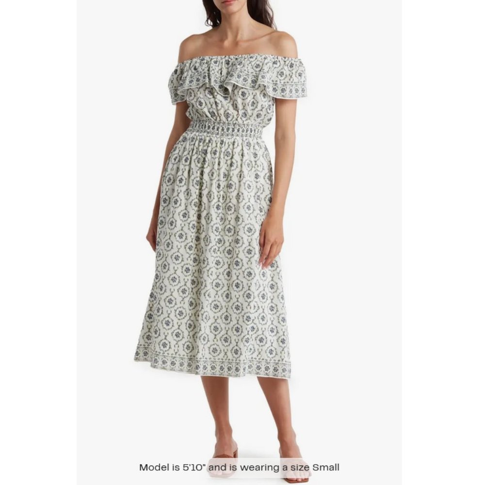 Cotton Floral Off the Shoulder Midi Dress MAX STUDIO $128 New m